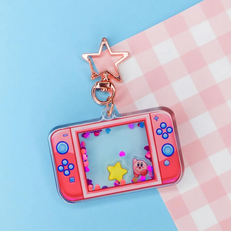 Kirby Handheld Game Console Shaker Acrylic Keychain Rose Gold Star Hook Cute Pastel Kawaii Dreamy Anime Bag Charm Ornament Gift view 3