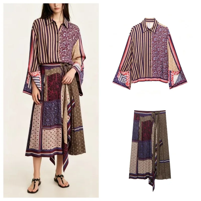 Conjuntos de Dos Piezas Elegantes y Chic con Falda Sarong Estampada para Mujer, Camisa con Estampado Combinado, Traje Cómodo para Citas