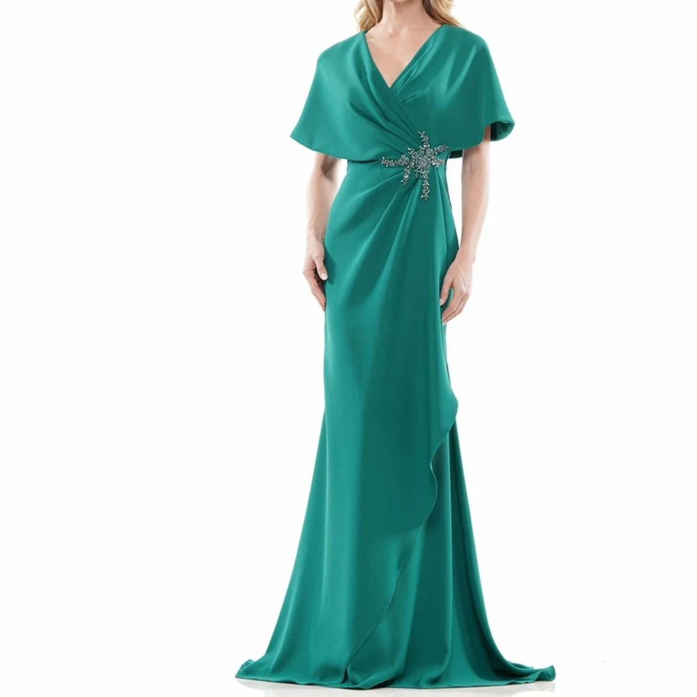 Elegant  Green V Neck Mermaid Half Sleeves Chiffon Floor Length Zipper Back Crystal Evening Dress Bespoke Occasion Gowns