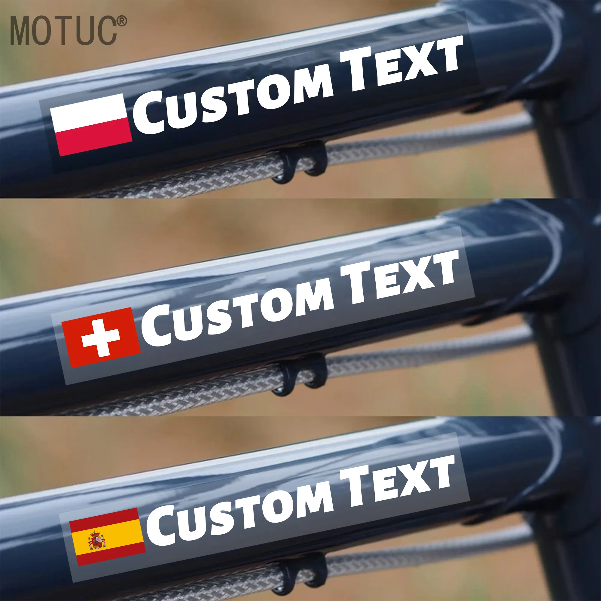 3-teiliges Set Individuelle Fahrradrahmen-Aufkleber mit Flagge und Text, Wasserfest, Hochwertig für DIY MTB Bike Oberrohr und Motorradhelm