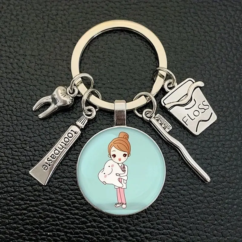 Gorgeous Nurse Themed Keychain, Tooth Stethoscope Syringe Round Glass Charm Keychain For Nurse Gifts