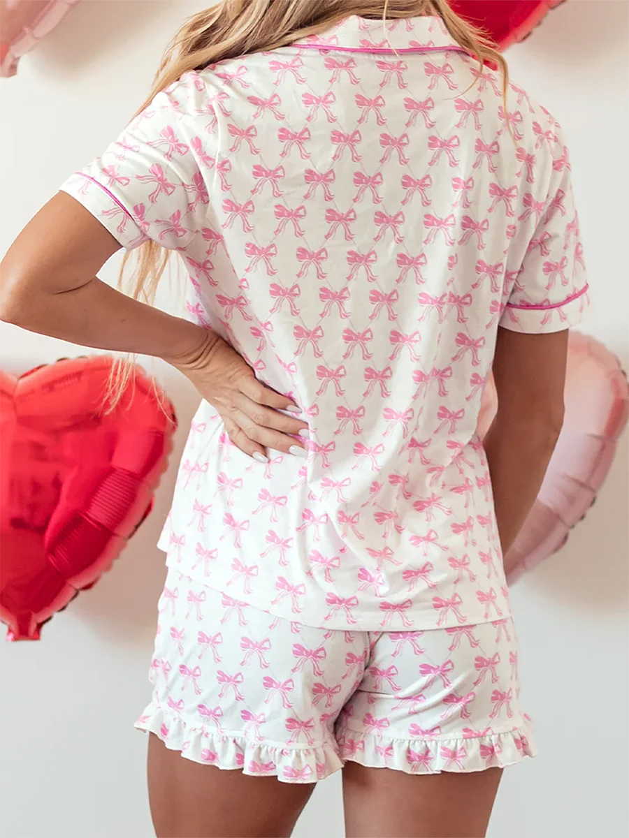2-teiliges Lounge-Set für Damen, kurzärmelig, Revers, Schleife, Aufdruck, Knopfleiste, Tops, Shorts, Nachtwäsche-Sets