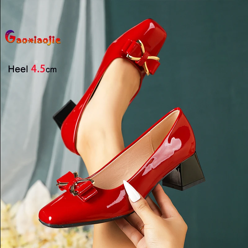 

Женские туфли-лодочки на толстом среднем каблуке 4,5 см с бантом, квадратным носком и неглубоким вырезом, весна-осень 2026, летние женские туфли