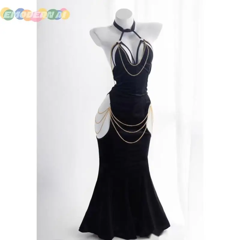 Hazbin Lute Wig Angel Lute Sexy Black Long Dress Cosplay Costume Hotel Lute Wig Halo Women Hallowen Carnaval Fancy Party Cosplay