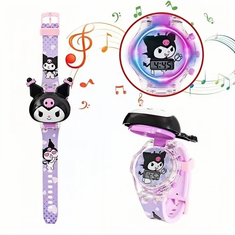 

Sanrio Cute Luminous Watch Hello Kitty Cartoon Music Flip Electronic Watch Kawaii Kuromi Melody Children Holiday Gift Wholesale