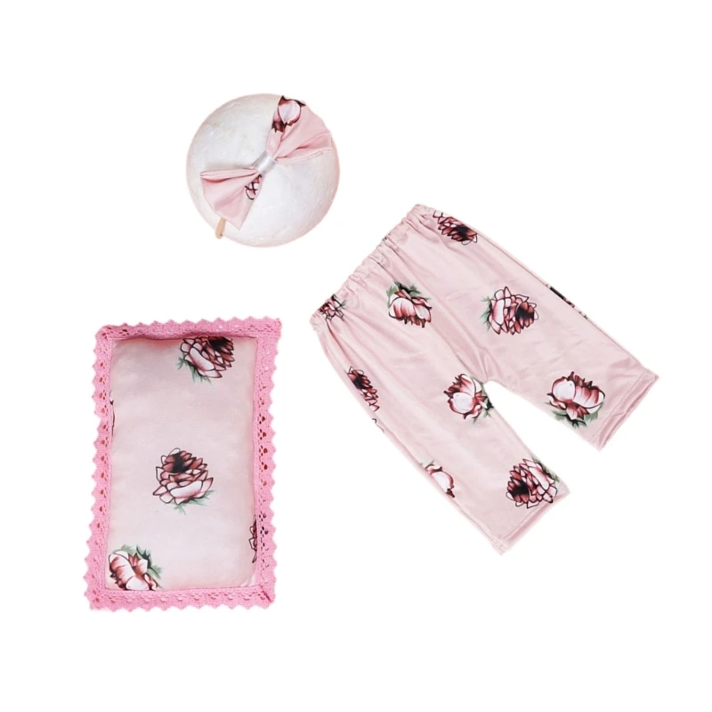 Baby Photo Clothing Floral Long Pants Bowtie Headband Posing Pillow Props Newborn Shower Gift Photoshooting Costume 3PCS