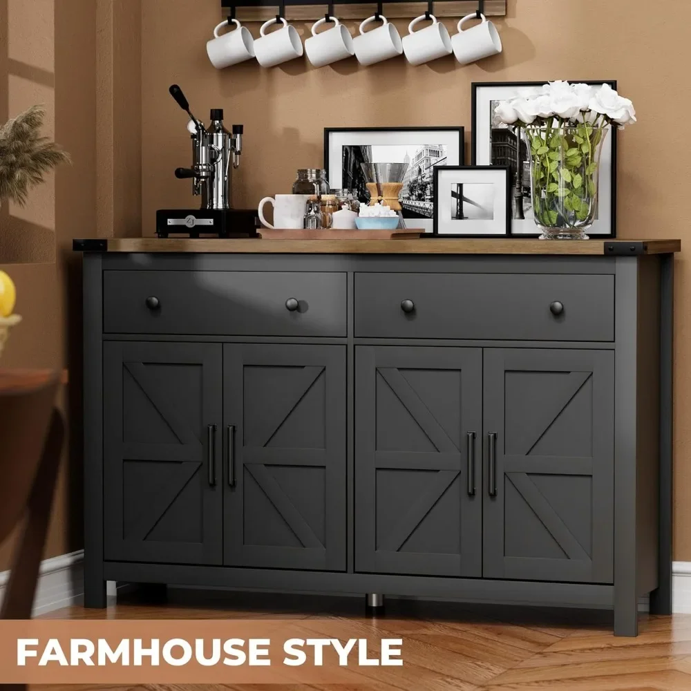 

55" Sideboard Buffet Cabinet with Storage, Coffee Bar Cabinet with 2 Drawers and 4 Barn Doors, 15.8"D X 55.1"W X 35.4"H