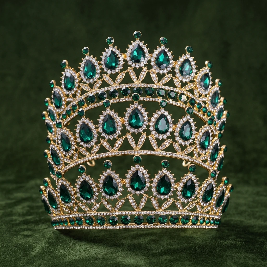 Crown Green Crystal Tiara Elastic Fit for Party Performance 3pcs Set Alloy Headband Birthday Halloween Celebration Jewelry