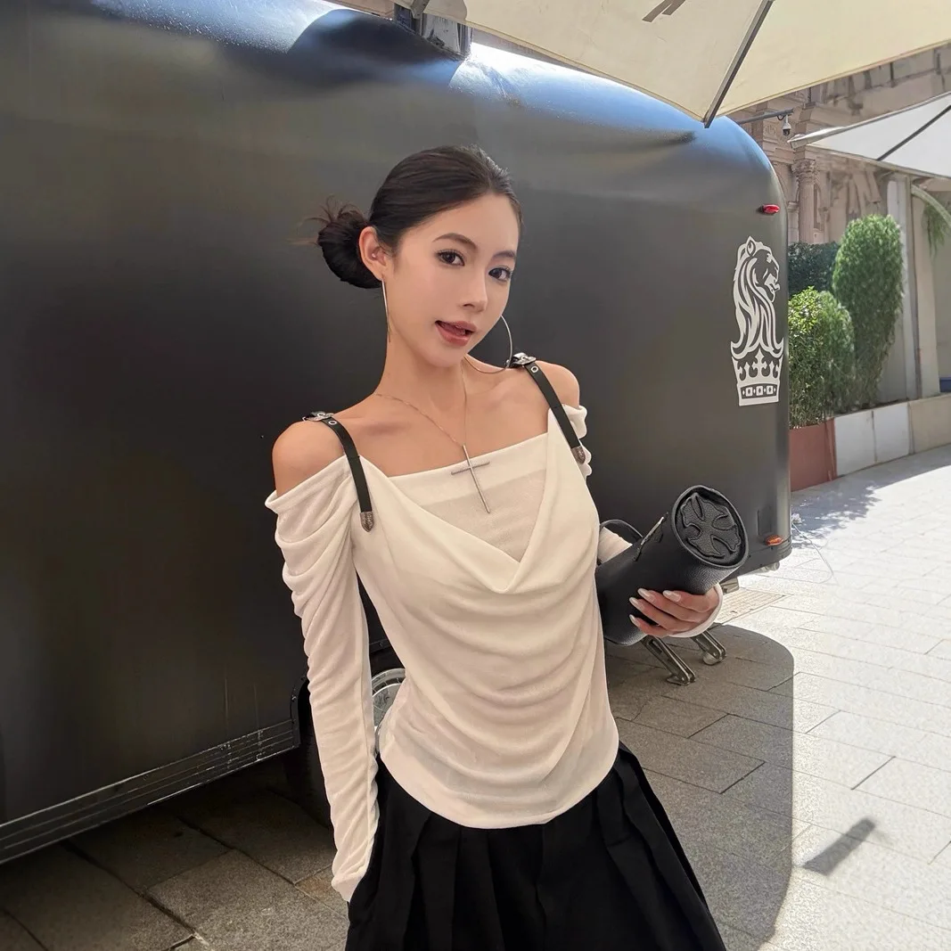 

2025 Autumn Women Design Forward Off Shoulder Long Sleeve T Shirt Waist Cinched Slimming Draped Collar Top With White Base Layer