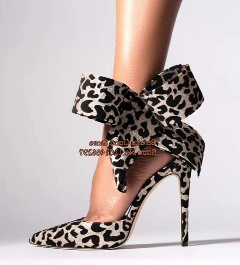 

Big Butterfly Knot High Heel Pumps Stylish Leopard Pointed toe Hollow Women Evening Party Shoes 12CM Drop Shipping