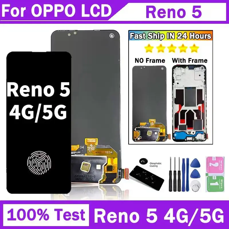 Ekran wyświetlacza Reno 5 dla Oppo Reno5 4G CPH2159 ekran wyświetlacza Panel dotykowy Digitizer dla Reno5 5G CPH2145 wyświetlacz odcisk palca