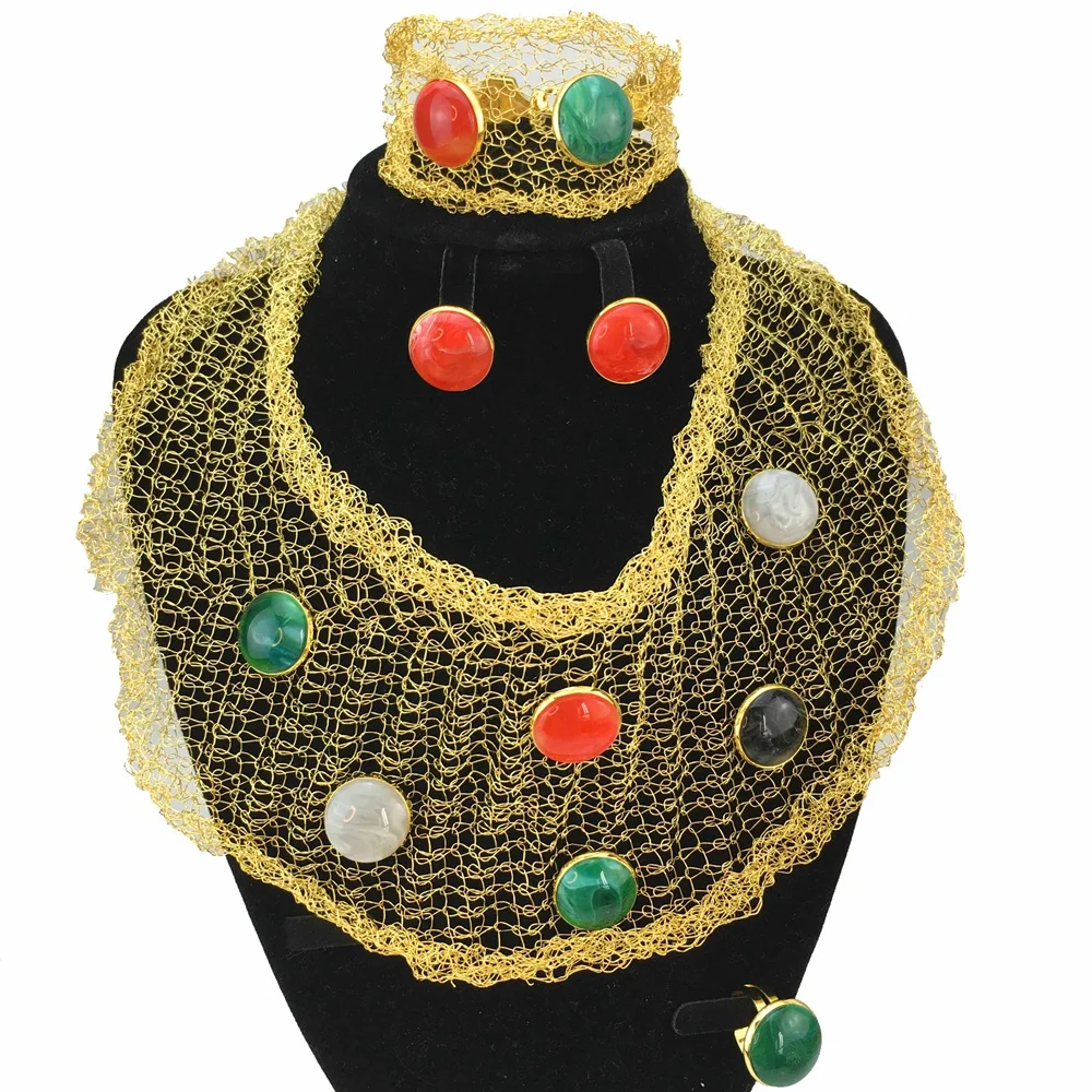 

Fashion luxurious Nigerian Wedding African Colorful Stone Hyperbole Necklace Earrings Set Party Wedding Jewelry Set FHK18202