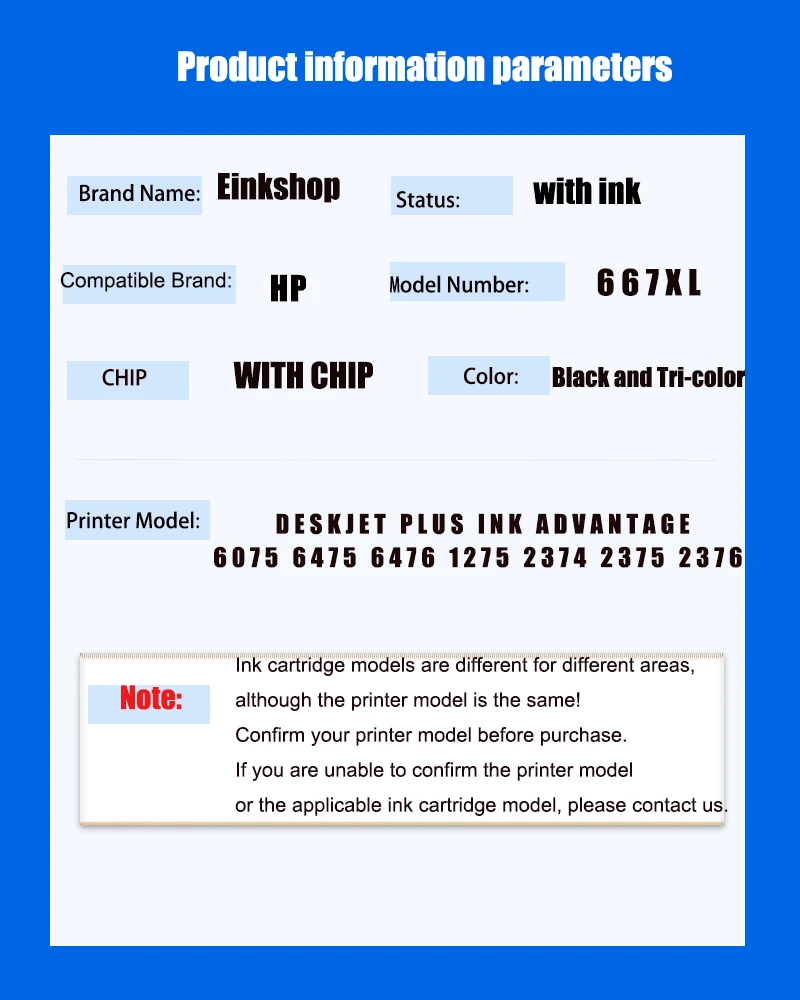 einkshop For HP 667xl 667 Ink Cartridge for HP667 667 xl DeskJet Ink Advantage 1275 2374 2375 2376 2775 2776 6475 6476 printer