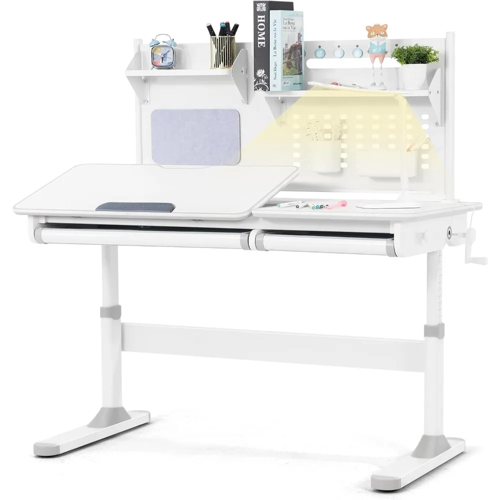 Adjustable height children's table, pull-out drawers, suitable for ages 3-12, steel hooks, easy to assemble children's table