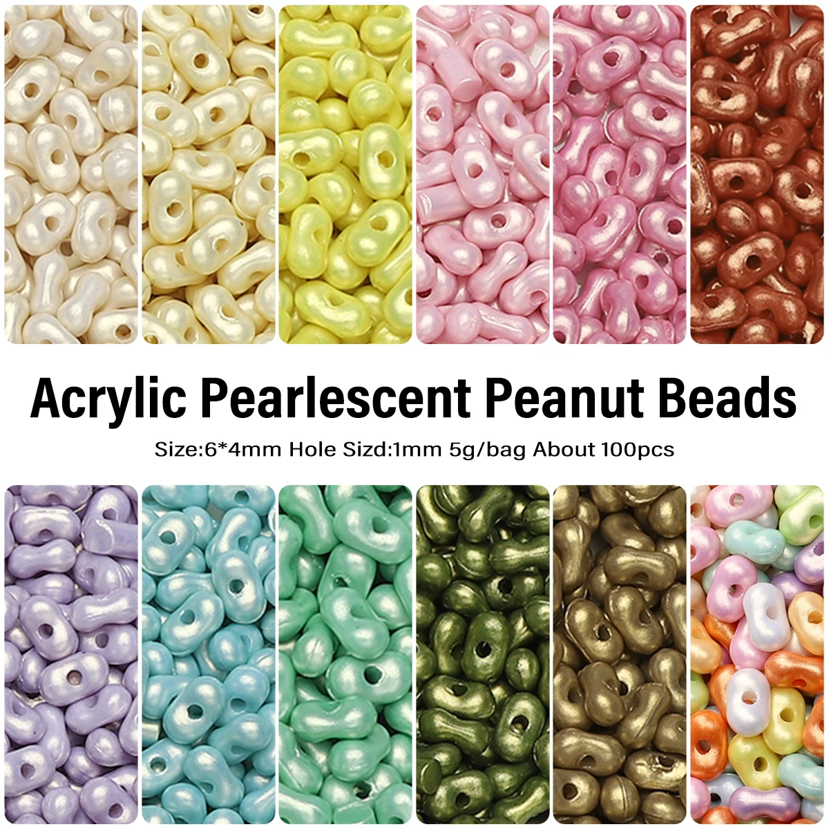 

6*4mm Multi Color Acrylic Pearlescent Peanut Beads For DIY Jewelry Making Necklace Bracelet Hole Size 1mm 5g/bag About 100pcs