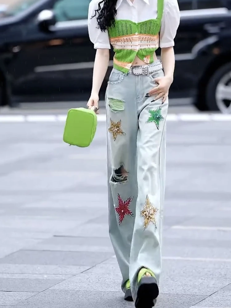 ヘビーエンベリーディアマンテスターズホールデザインレディースジーンズハイウエストルーズスリミングサマーニュースレワイドレッグストレートロングパンツ