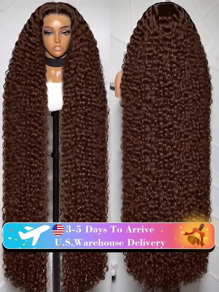 

250% Density Deep Curly 13x6 HD Lace Water Wave Transparent Lace Frontal Wigs 36 Inch Chocolate Brown Deep Wave Human Hair Wig