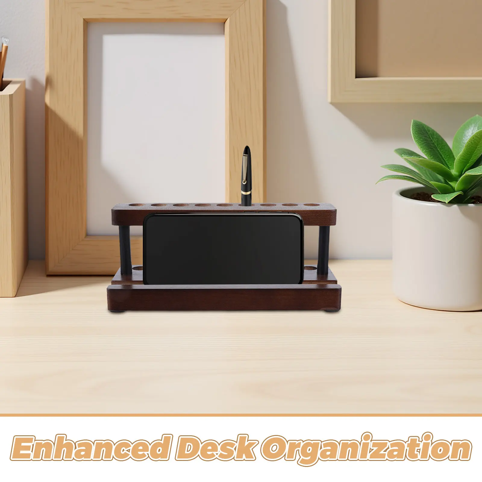 Wooden Cell Phone Stand with Pen Holder Natural Wood Desk Organizer for Phones Pens Pencils Markers Office Study Room Desktop