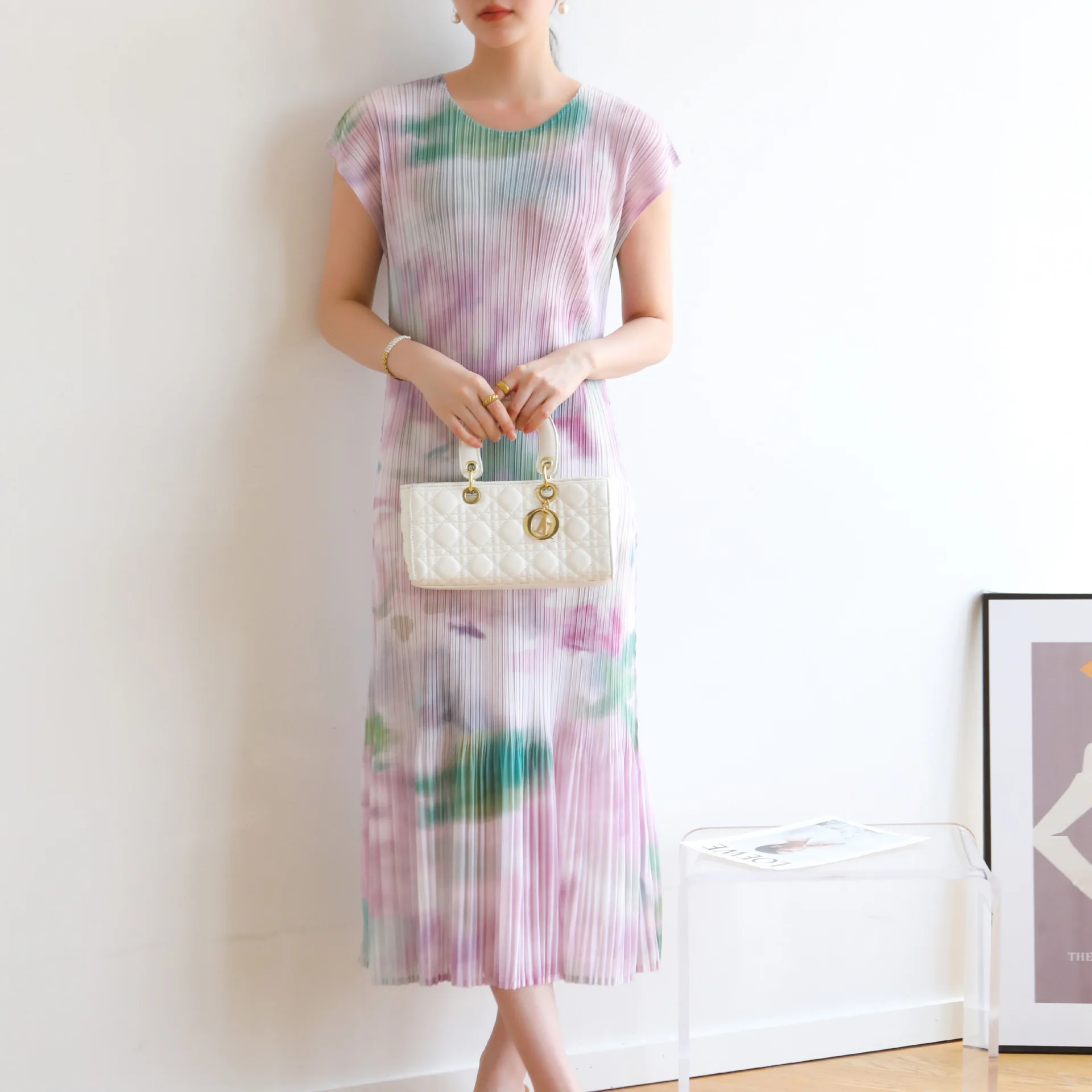 

Pleats 2024 Summer Dress High-end Pleated Fashion Skinny Printing Fresh Sweet Temperament Slim Dresses Plus Size