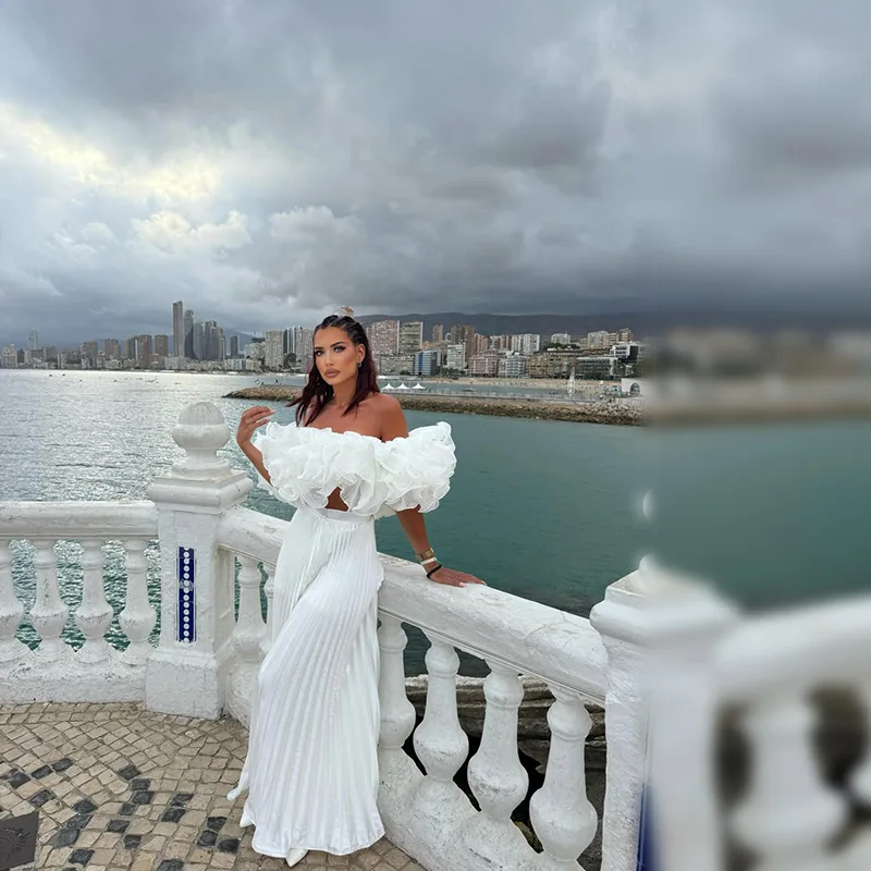 White 3D Floral Off Shoulder Crop Top Organza Ruffle Puff Short Sleeve Strapless Tube Blouse Women Elegant Romantic Blouse Top view 6