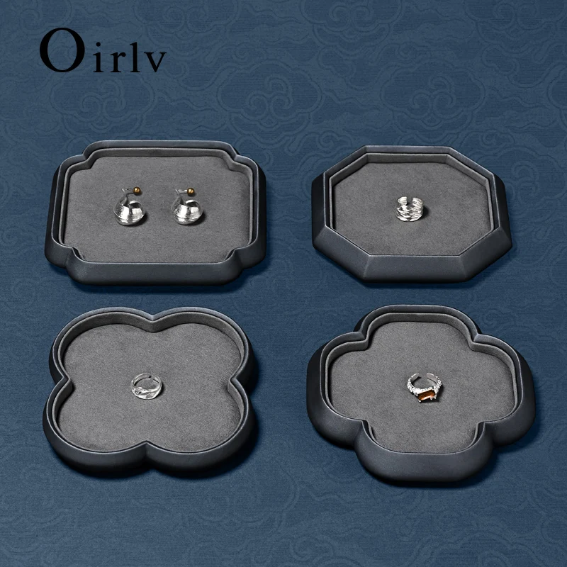 Oirlv Jewelry Tray and Display Stand Grey Suede-like Pu Leather Double-layer Design Suitable for Jewelry Store and Families