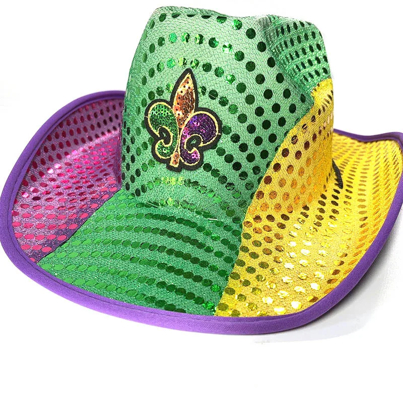 Adult Sequin Purple Green and Gold Color Mardi Gras Cowboy Hat Mardi Gras Dress-Up Costume Accessory Costume Hat