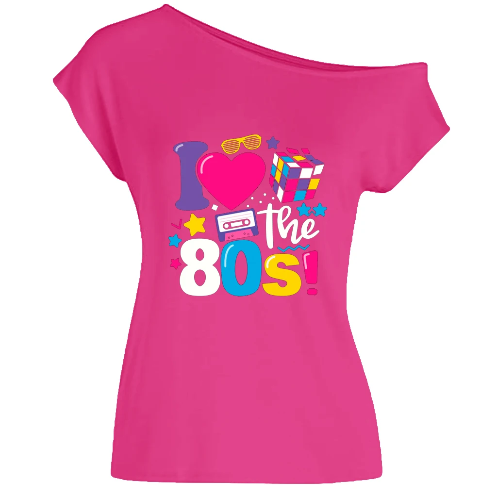 XUANSHOW 2024 Sommer I Love the 80s Emotional Element T-Shirt Sexy Off Shoulder Tops Kurzarm Buchstaben bedrucktes T-Shirt – Detail 34