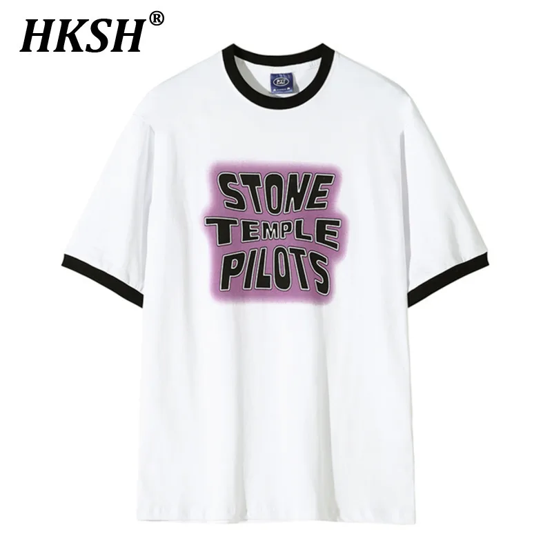 

HKSH Summer New Men Tide Ins Chic Korean Tops High Street Casual Print Cotton Small Neckline O-Neck Short Sleeve T-shirt HK5145