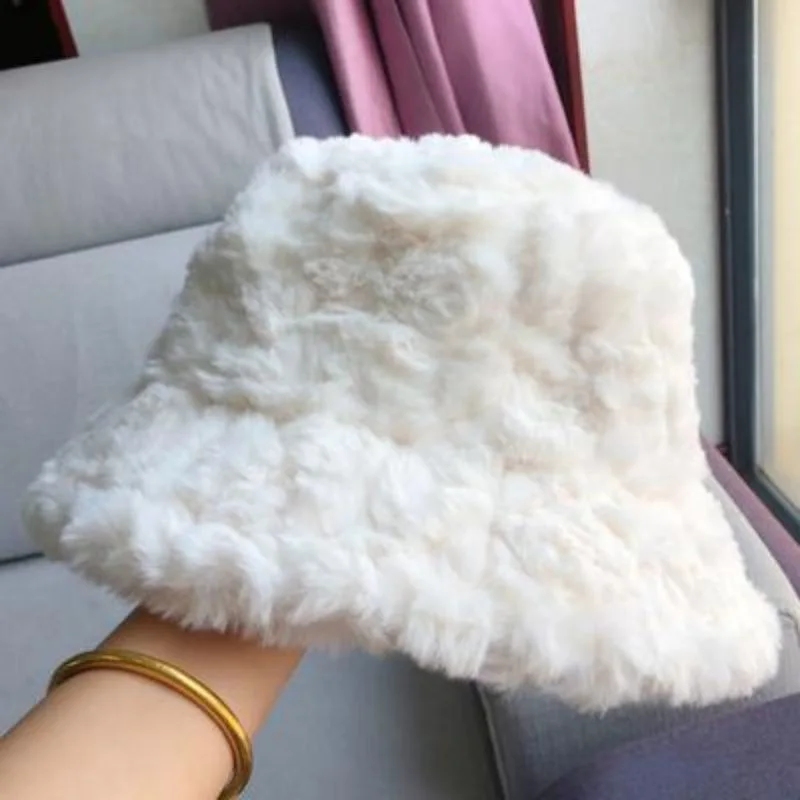 Women Fuzzy Bucket Hat Solid Color Plush Warm Winter Hat Wide Brim Fisherman Cap for Outdoor Travel Beach