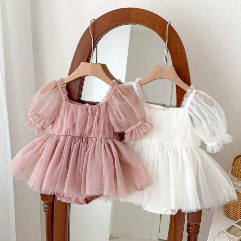 Summer Korean Baby Dress Jumpsuit Puff Sleeve Girls Tutu Dress Cute Bow Newborn Clothes Pink White Sweet Princess Romper 0-24M