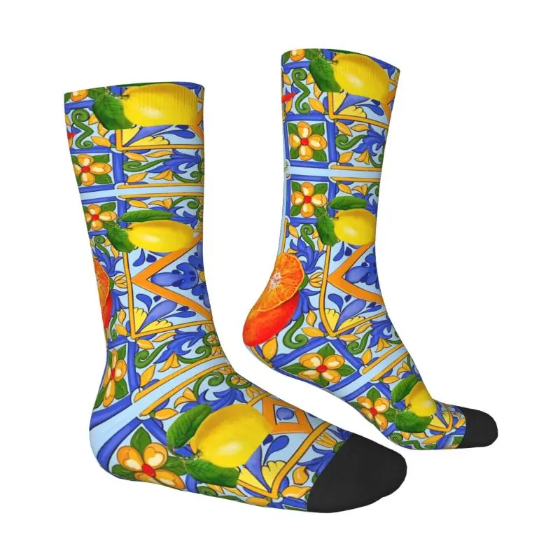 Custom Mediterranean Summer Lemons Sicilian Tiles Mens Crew Socks Unisex Cool 3D Printed Dress Socks