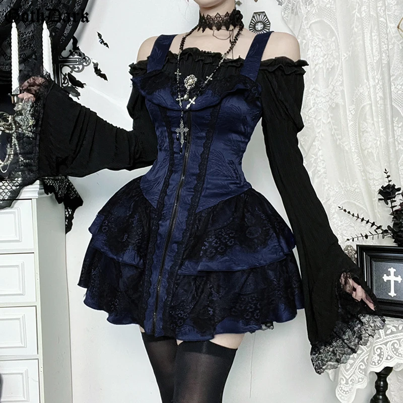 

Goth Dark A-line Textured Mini Dress for Women Mall Gothic Outfits Jacquard Lace Trim Embellished Dresses Ball Gown Halloween