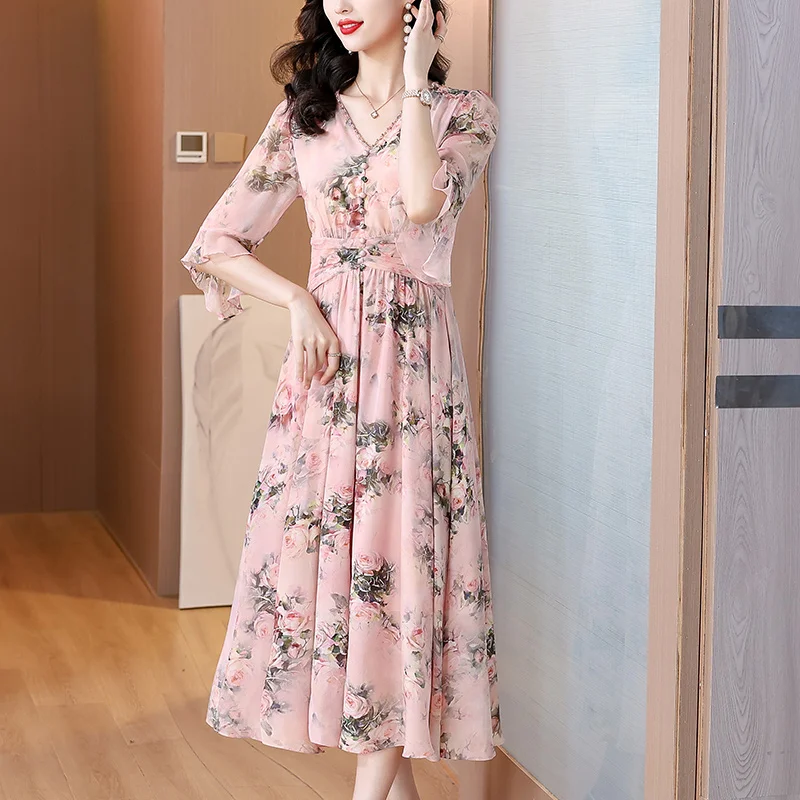 Women Boho Pink Floral Silk Midi Dress Spring Summer Short Sleeve Bodycon New in Dress 2025 Korean Fashion Elegant Party Dress