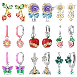 Spring New Earrings For Women 925 Silver Butterfly Bee Apple Cherry Strawberry Double Hoop Earrings Party Creative Jewelry Gift