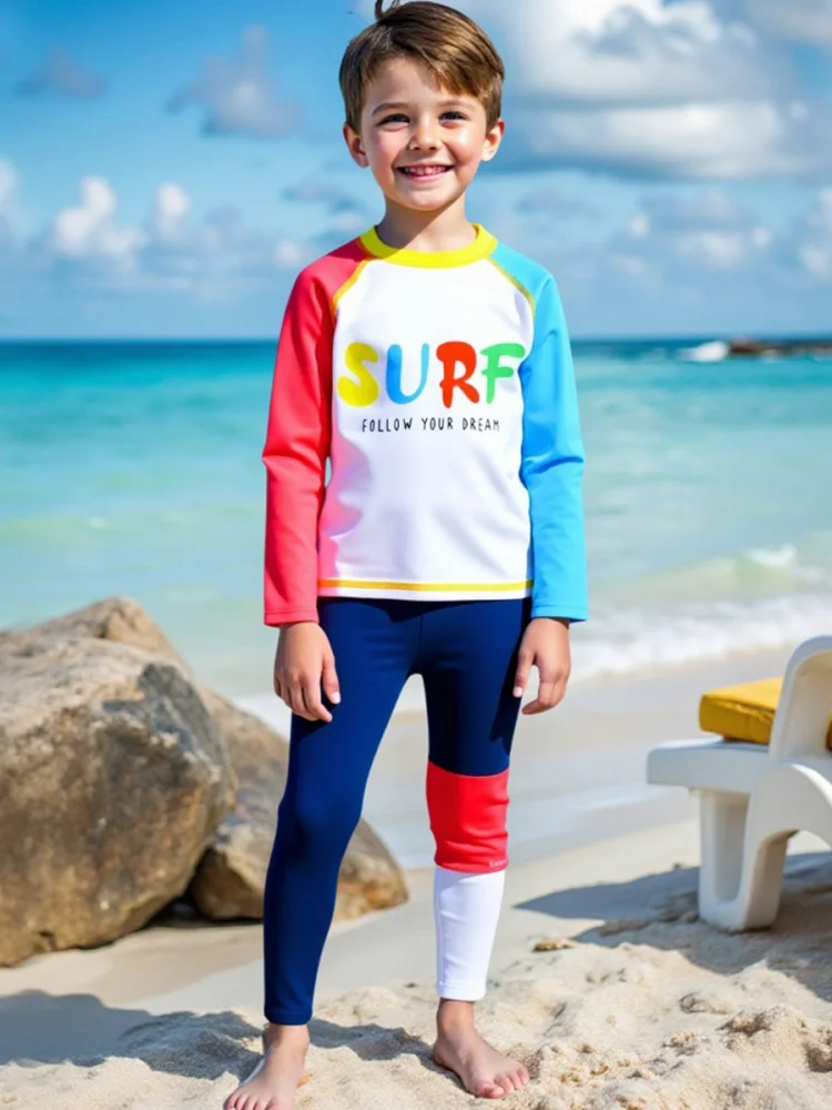 

Boy Kids Swimsuit 2025 New Solid Letter Long Sleeves Trousers Children Swimwear Summer Two Piece Beachwear Bathing Suit Swimming