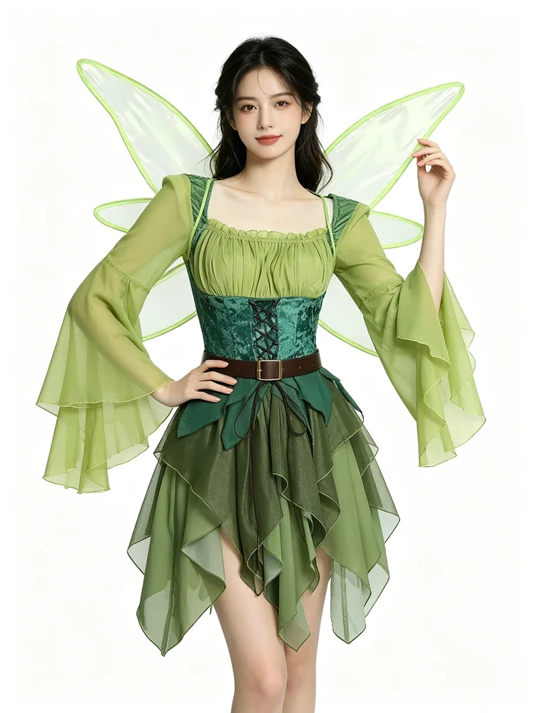 Disfraz de Hada Medieval para Mujer, Vestido de Elfo Mágico (con Alas), Vestido Mini Ajustado con Mangas Largas, para Fiesta de Halloween de Elfos del Bosque
