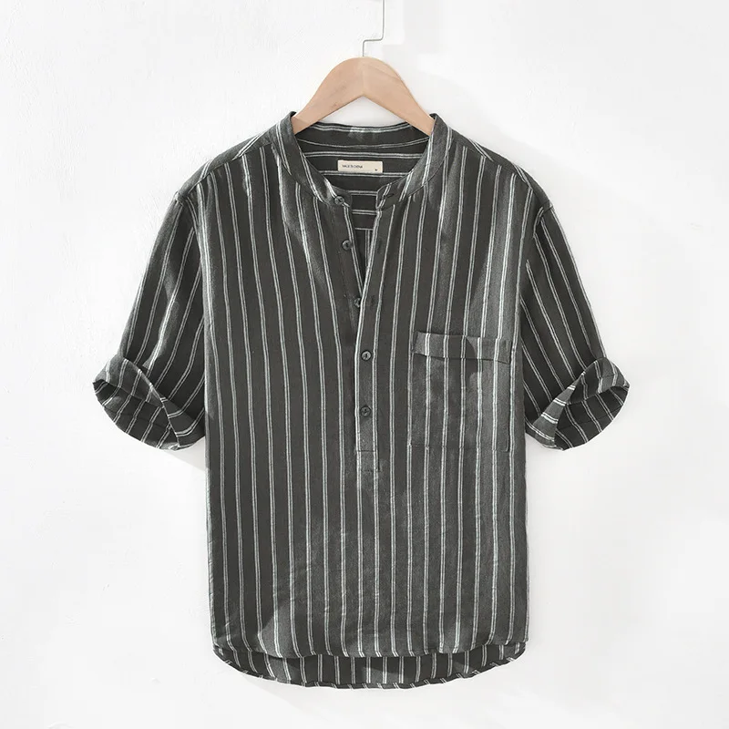 2024 Men's Cotton and Linen Stripes Short-Sleeved Shirt Summer Loose Thin Stand Collar Pullover Shirt