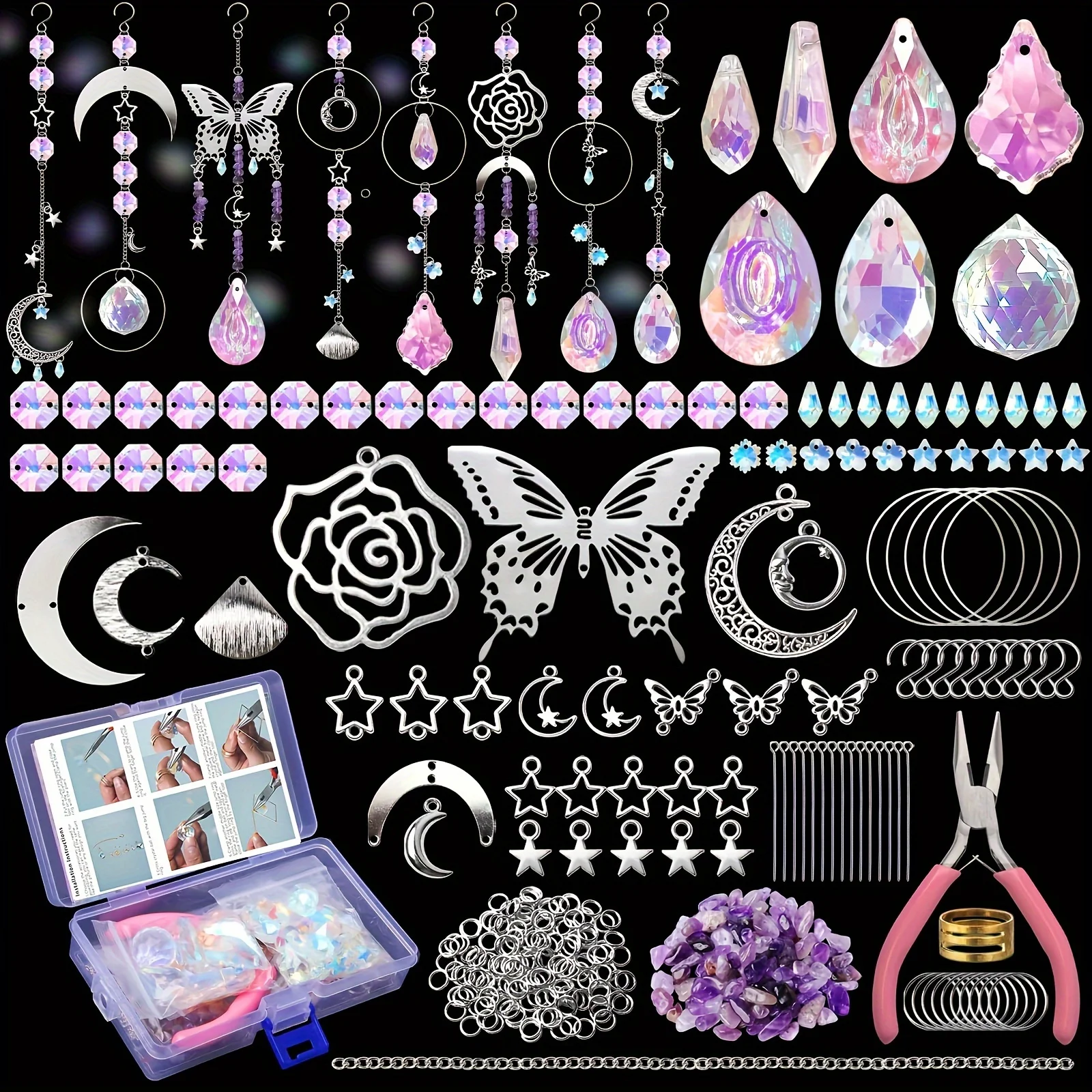 377 pieces DIY crystal catcher rainbow crafting kit, featuring butterfly, rose flowers, light-catching beads, and crafting tools
