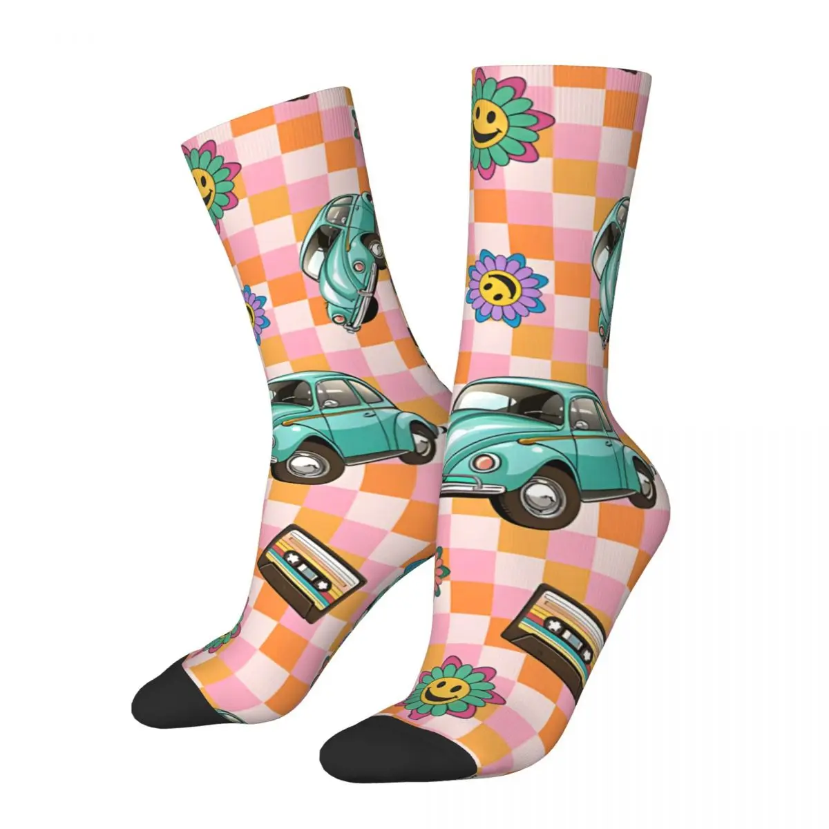 

Crazy compression Seamless Pattern Car, Cassette Tape And Smily Face Flower Sock for Men Vintage Seamless Pattern Crew Sock