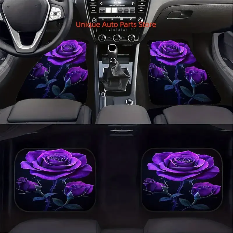 4pcs Luxury Purple Rose Car Floor Mats Set - Crystal Velvet Anti-Slip Fit, All-in-One Pedal-Saving Design, Easy-Clean Car Interi