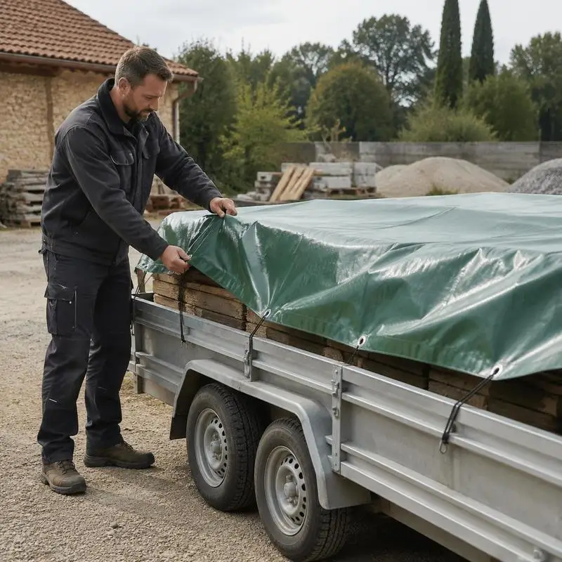 Zdjęcie 4: Plandeka z płótna z powłoką PVC 300x400 cm, odporna na rozdarcia, z uchwytami do mocowania, wszechstronna osłona ochronna do