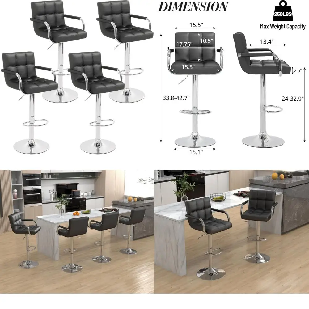 

Набор регулируемых поворотных барных стульев из 4 шт., современные квадратные стулья с подлокотниками, большое основание для стабильности