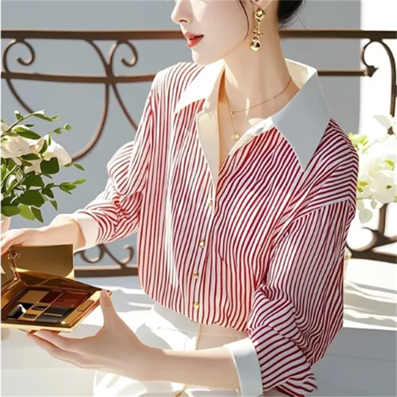 여성용 스트라이프 블라우스 셔츠, 우아한 셔츠, 캐주얼 루즈 긴팔 스플라이싱 셔츠, 패션 단추 업 튜닉 탑, 여성 블라우스