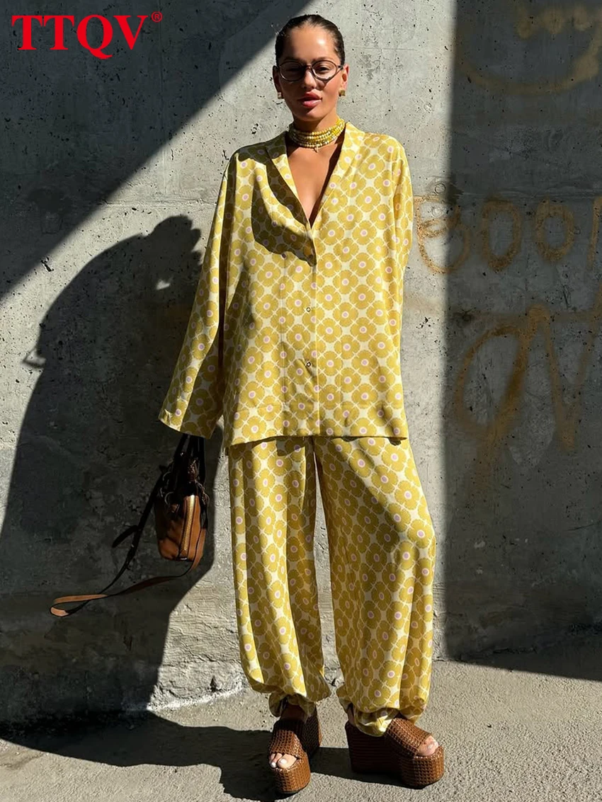

TTQV Fashion Loose Print Women's Two Pieces Set Elegant Long Sleeve Blouse With High Waist Wide Pants Set Female Streetwear
