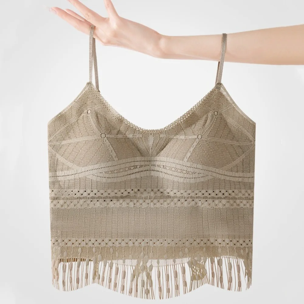 

Elegant With Chest Cushion Ice Silk Camisole Non Trace Tassel Lace Tassel Lace Corset Slim Fit Solid Color Suspender Vest Daily