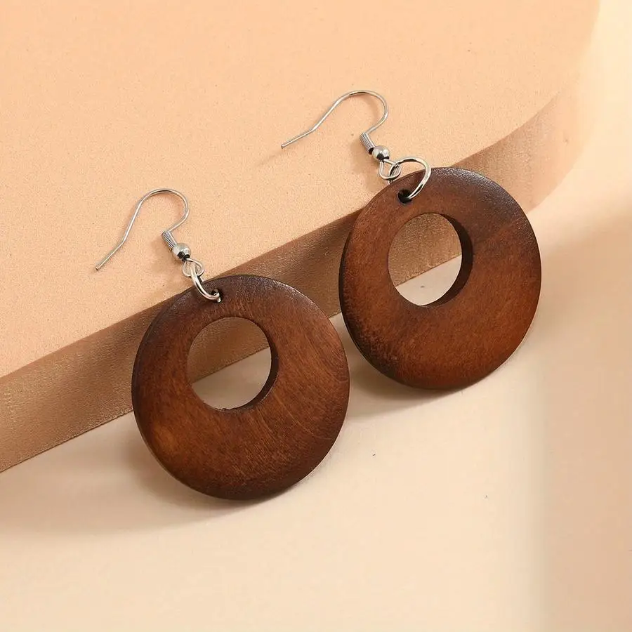 1/5/10/20/50/100pcs Hollow Round Shape Brown Color Dangle Earrings Retro Bohemian Style Wooden Jewelry Trendy Gift for Women Fal