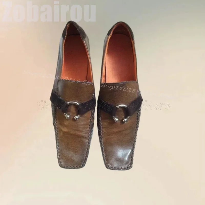 

Metal Decor Brown Sewing Design Square Toe Loafers Fashion Slip On Men Shoes Luxury Handmade Party Feast Office Men Casual Shoes