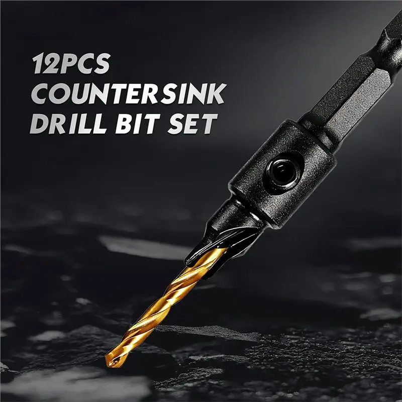 ABZC-목재용 12PC 카운터 싱크 드릴 비트 세트-5/6/8/10/12 크기, 조정 가능, 정밀 드릴링, 분해 용이