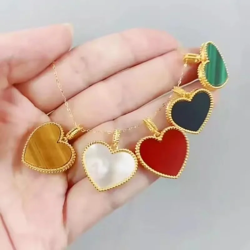 Real 18K Gold Heart Necklace Pendant Natural Agate Shell Pendant Pure AU750 Fine Jewelry Gift for Women