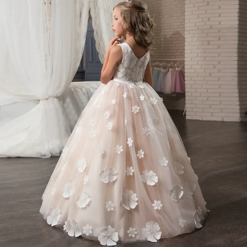 

Flower Girl Dresses Customized Flower Girl Dress Pink 3D Decal Tulle Puffy Layered For Wedding Birthday Banquet Princess Gowns